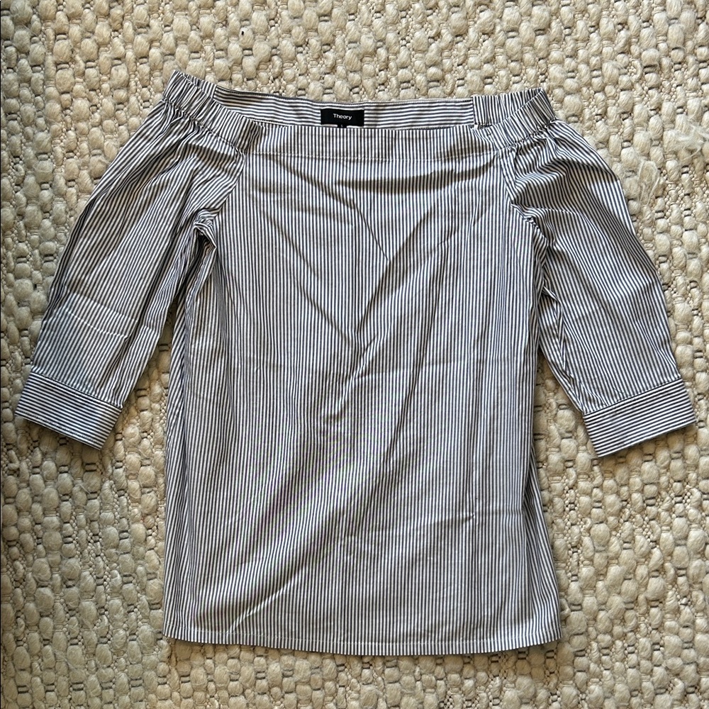 Theory Grey and White Striped Off-Shoulder Blouse